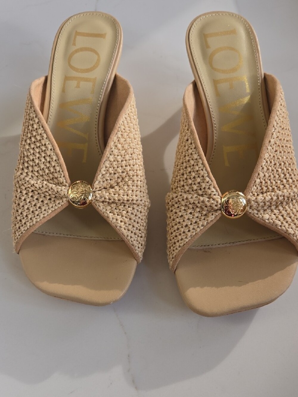 Loewe Beige Woven Knot Mules with Gold Medallion - Picture 7 of 7
